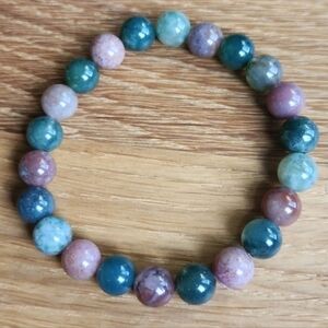 Green Indian Agate Beads Bracelet, Hand Crafted Stretch